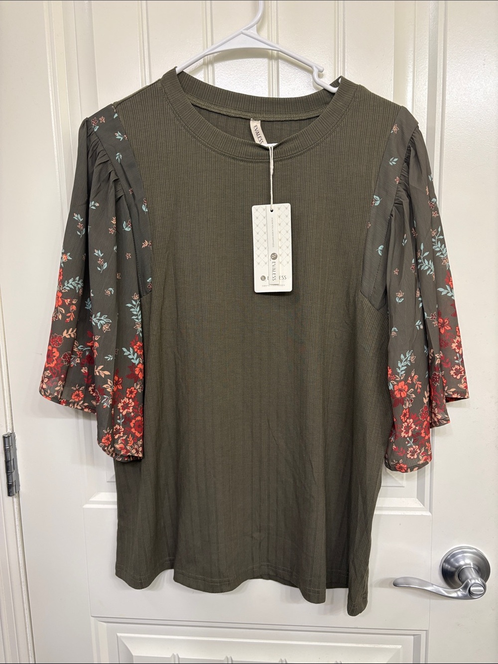 NWT Evaless Boho Mixed Media Olive Green Floral Flutter Sleeve Tee
